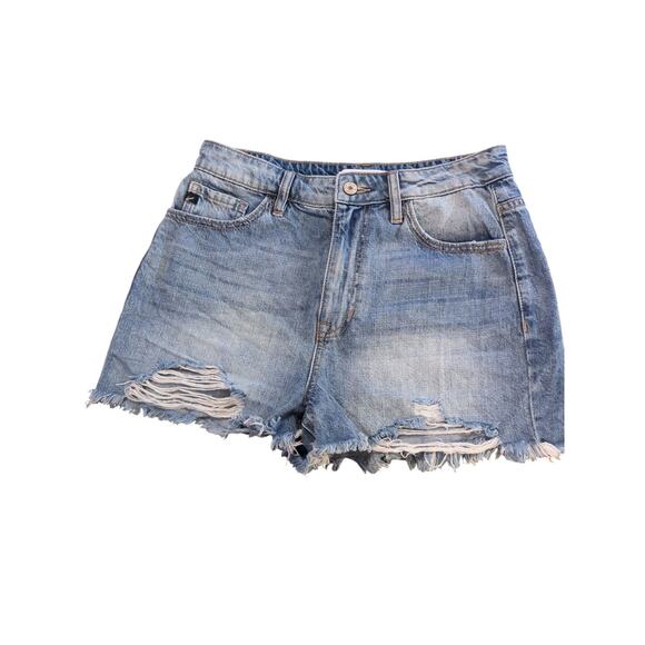 KANCAN JEANS Pants - KanCan Ivanna Ultra High Rise Mom Shorts Distressed Denim Blue Jean Ripped Med
